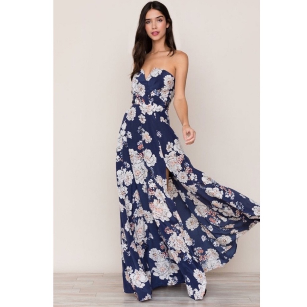 Yumi Kim Sweet Jasmine Midnight Mischief Maxi Dress Blue Strapless Silk Sz Small - Picture 1 of 8